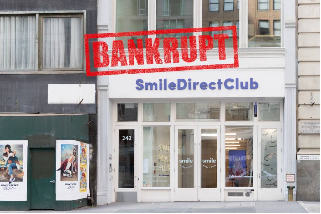 A close-up of a bankruptcy sign superimposed over SmileDirectClub's building.